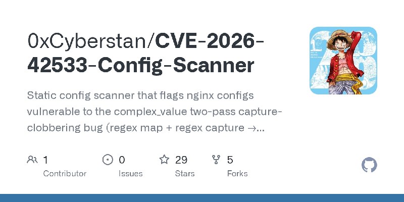 GitHub - 0xCyberstan/CVE-2026-42533-Config-Scanner: Static config scanner that flags nginx configs vulnerable to the complex_value…