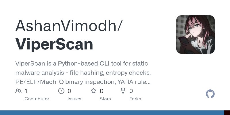 GitHub - AshanVimodh/ViperScan: ViperScan is a Python-based CLI tool for static malware analysis - file hashing, entropy checks…