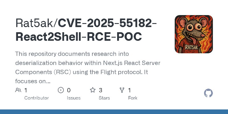 GitHub - Rat5ak/CVE-2025-55182-React2Shell-RCE-POC: This repository documents research into deserialization behavior within Next.js…