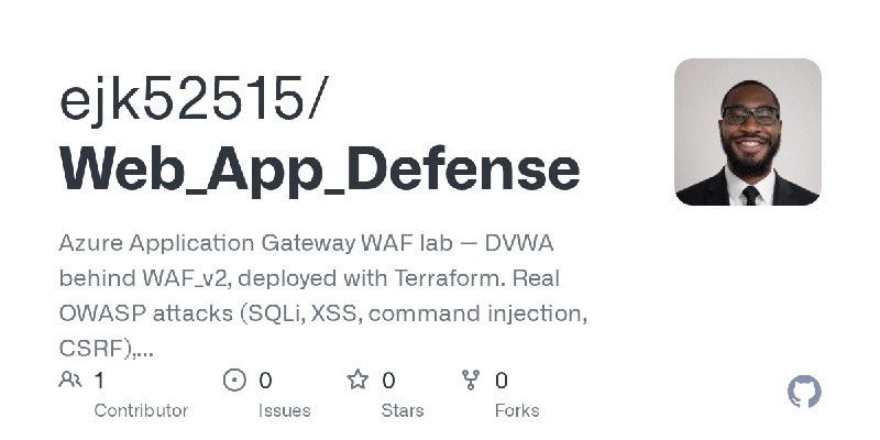 GitHub - ejk52515/Web_App_Defense: Azure Application Gateway WAF lab — DVWA behind WAF_v2, deployed with Terraform. Real OWASP…