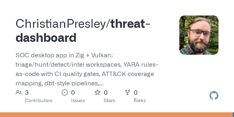 GitHub - ChristianPresley/threat-dashboard: SOC desktop app in Zig + Vulkan: triage/hunt/detect/intel workspaces, YARA rules-as…