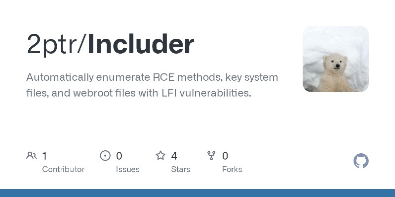 GitHub - 2ptr/Includer: Automatically enumerate RCE methods, key system files, and webroot files with LFI vulnerabilities.