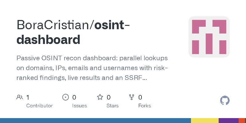 GitHub - BoraCristian/osint-dashboard: Passive OSINT recon dashboard: parallel lookups on domains, IPs, emails and usernames with…