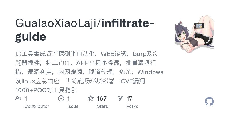 GitHub - GualaoXiaoLaji/infiltrate-guide: 此工具集成资产探测半自动化，WEB渗透，burp及浏览器插件，社工钓鱼，APP小程序渗透，批量漏洞扫描，漏洞利用，内网渗透，隧道代理，免杀，Windows及linux应…