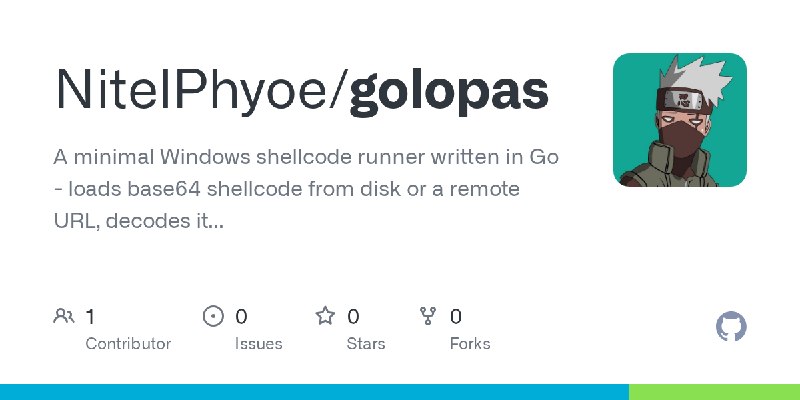 GitHub - NitelPhyoe/golopas: A minimal Windows shellcode runner written in Go - loads base64 shellcode from disk or a remote URL…