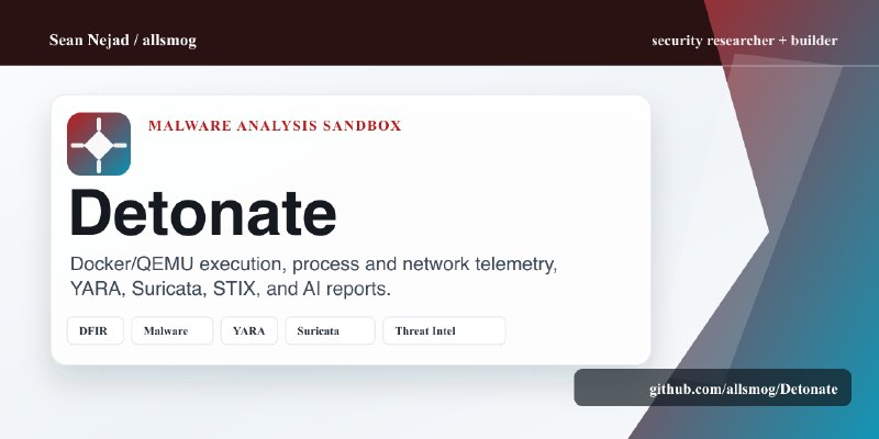 GitHub - allsmog/detonate: Open-source malware analysis sandbox with Docker/QEMU execution, telemetry, YARA, Suricata, threat-intel…