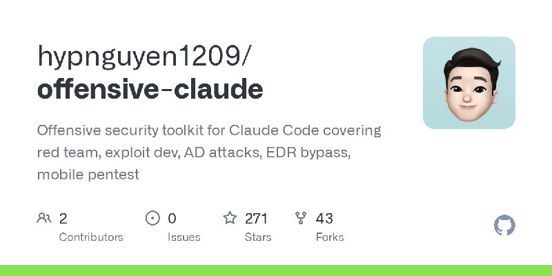 GitHub - hypnguyen1209/offensive-claude: Offensive security toolkit for Claude Code covering red team, exploit dev, AD attacks…