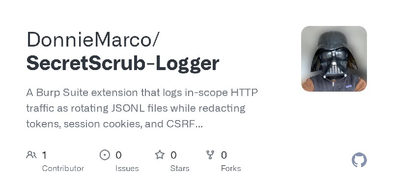 GitHub - DonnieMarco/SecretScrub-Logger: A Burp Suite extension that logs in-scope HTTP traffic as rotating JSONL files while redacting…