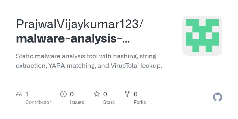 GitHub - PrajwalVijaykumar123/malware-analysis-sandbox: Static malware analysis tool with hashing, string extraction, YARA matching…