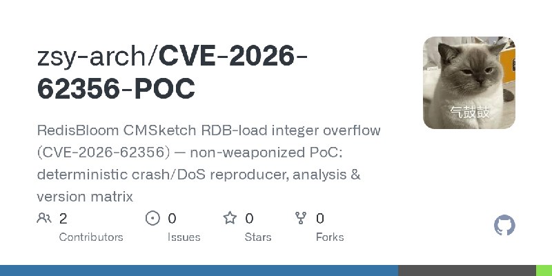 GitHub - zsy-arch/CVE-2026-62356-POC: RedisBloom CMSketch RDB-load integer overflow (CVE-2026-62356) — non-weaponized PoC: deterministic…