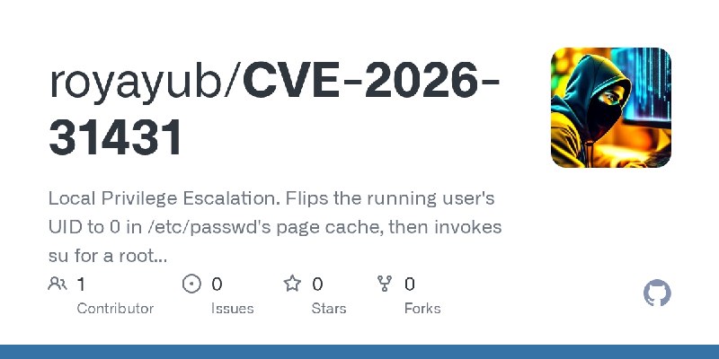 GitHub - royayub/CVE-2026-31431: Local Privilege Escalation. Flips the running user's UID to 0 in /etc/passwd's page cache, then…