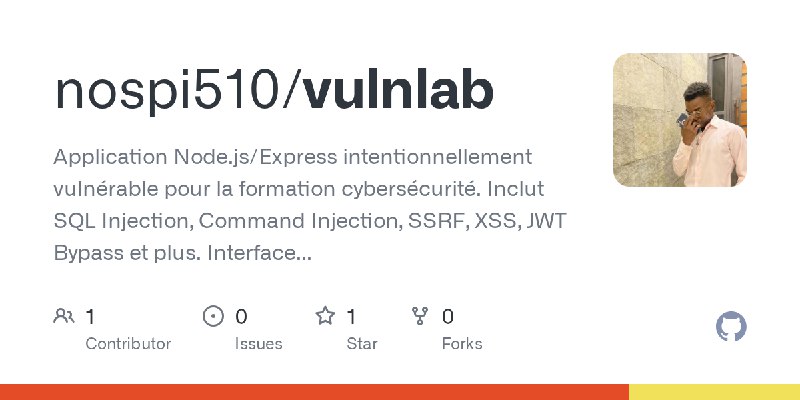 GitHub - nospi510/vulnlab: Application Node.js/Express intentionnellement vulnérable pour la formation cybersécurité. Inclut SQL…