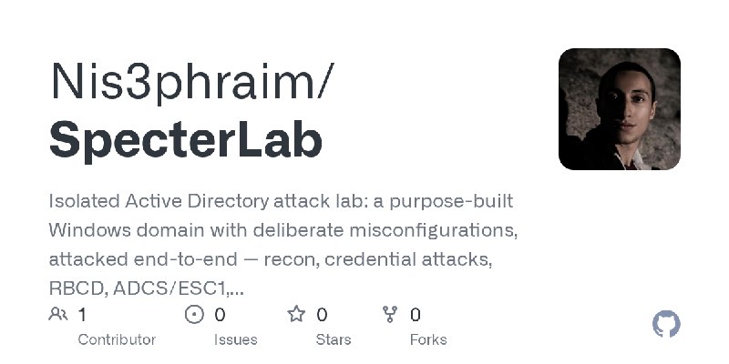 GitHub - Nis3phraim/SpecterLab: Isolated Active Directory attack lab: a purpose-built Windows domain with deliberate misconfigurations…