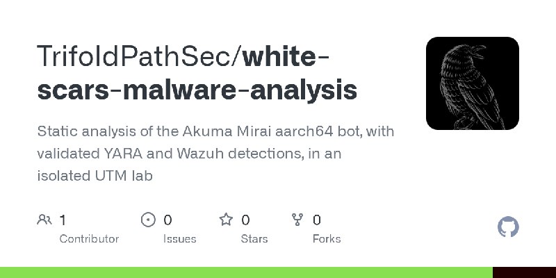 GitHub - TrifoldPathSec/white-scars-malware-analysis: Static analysis of the Akuma Mirai aarch64 bot, with validated YARA and Wazuh…