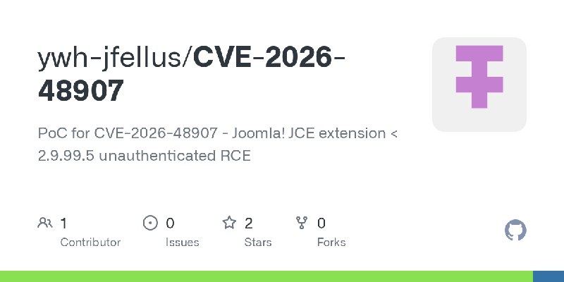 GitHub - ywh-jfellus/CVE-2026-48907: PoC for CVE-2026-48907 - Joomla! JCE extension < 2.9.99.5 unauthenticated RCE