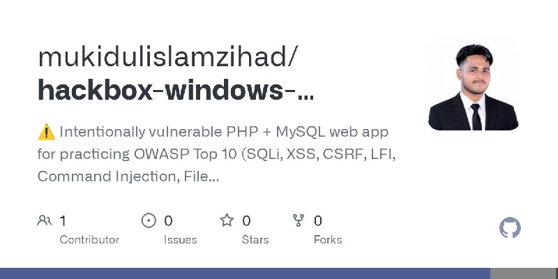 GitHub - mukidulislamzihad/hackbox-windows-xampp-version: ⚠️ Intentionally vulnerable PHP + MySQL web app for practicing OWASP…