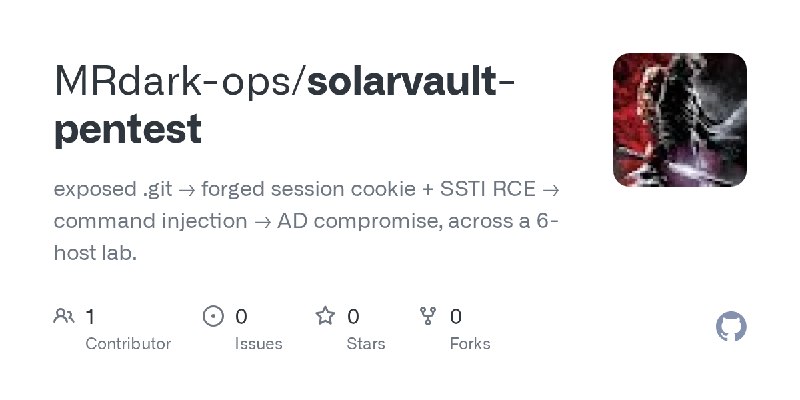 GitHub - MRdark-ops/solarvault-pentest: exposed .git → forged session cookie + SSTI RCE → command injection → AD compromise, across…