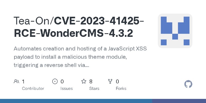 GitHub - Tea-On/CVE-2023-41425-RCE-WonderCMS-4.3.2: Automates creation and hosting of a JavaScript XSS payload to install a malicious…