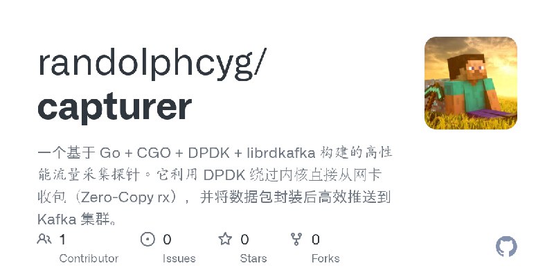 GitHub - randolphcyg/capturer: 一个基于 Go + CGO + DPDK + librdkafka 构建的高性能流量采集探针。它利用 DPDK 绕过内核直接从网卡收包（Zero-Copy rx），并将数据包封装后高效推送到…