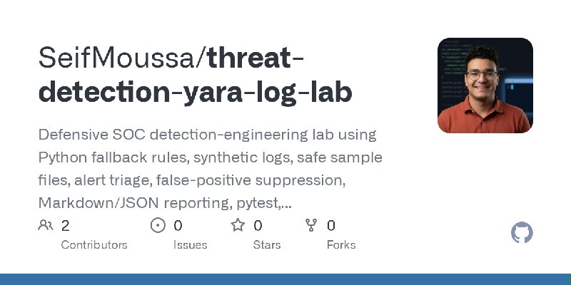 GitHub - SeifMoussa/threat-detection-yara-log-lab: Defensive SOC detection-engineering lab using Python fallback rules, synthetic…