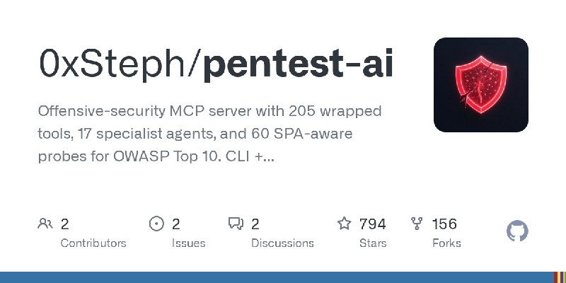 GitHub - 0xSteph/pentest-ai: Offensive-security MCP server with 205 wrapped tools, 17 specialist agents, and 60 SPA-aware probes…