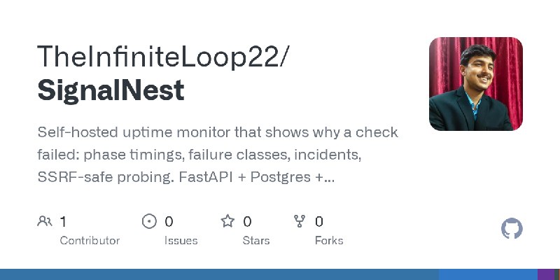 GitHub - TheInfiniteLoop22/SignalNest: Self-hosted uptime monitor that shows why a check failed: phase timings, failure classes…
