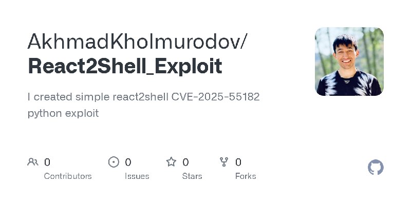 GitHub - AkhmadKholmurodov/React2Shell_Exploit: I created simple react2shell CVE-2025-55182 python exploit