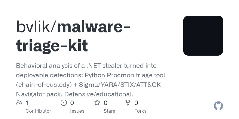 GitHub - bvlik/malware-triage-kit: Behavioral analysis of a .NET stealer turned into deployable detections: Python Procmon triage…