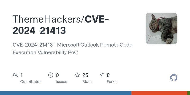 GitHub - ThemeHackers/CVE-2024-21413: CVE-2024-21413 | Microsoft Outlook Remote Code Execution Vulnerability PoC