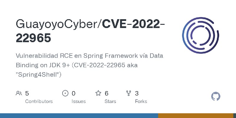 GitHub - GuayoyoCyber/CVE-2022-22965: Vulnerabilidad RCE en Spring Framework vía Data Binding on JDK 9+ (CVE-2022-22965 aka 