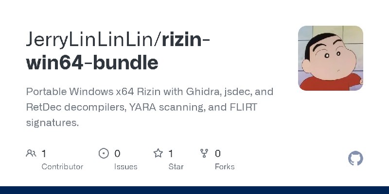 GitHub - JerryLinLinLin/rizin-win64-bundle: Portable Windows x64 Rizin with Ghidra, jsdec, and RetDec decompilers, YARA scanning…