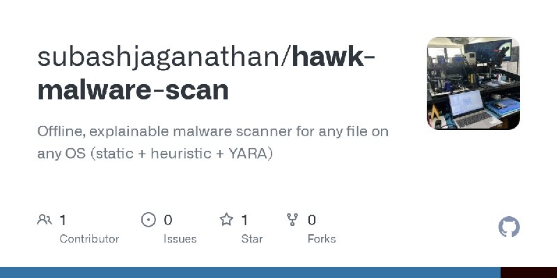 GitHub - subashjaganathan/hawk-malware-scan: Offline, explainable malware scanner for any file on any OS (static + heuristic +…