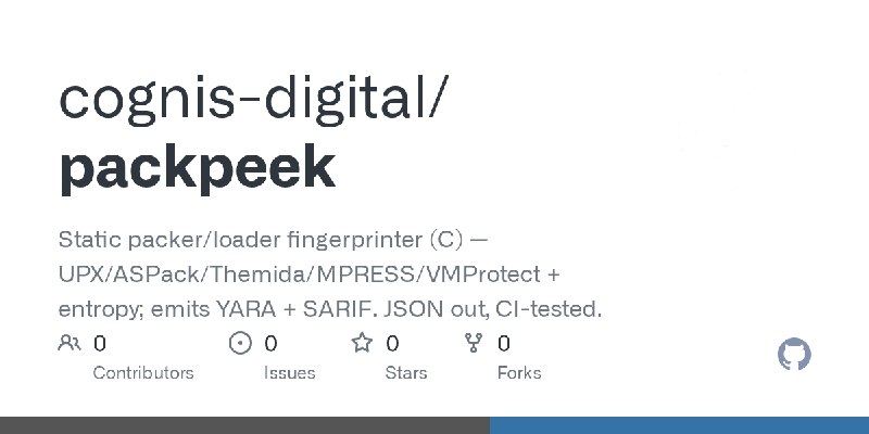 GitHub - cognis-digital/packpeek: Static packer/loader fingerprinter (C) — UPX/ASPack/Themida/MPRESS/VMProtect + entropy; emits…