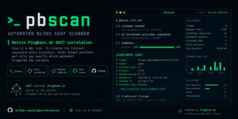 GitHub - pingback-sh/pbscan: Automated blind SSRF scanner with native PingBack.sh OAST correlation, persistent callbacks and exact…