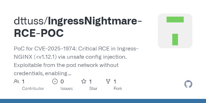 GitHub - dttuss/IngressNightmare-RCE-POC: PoC for CVE-2025-1974: Critical RCE in Ingress-NGINX (<v1.12.1) via unsafe config injection.…
