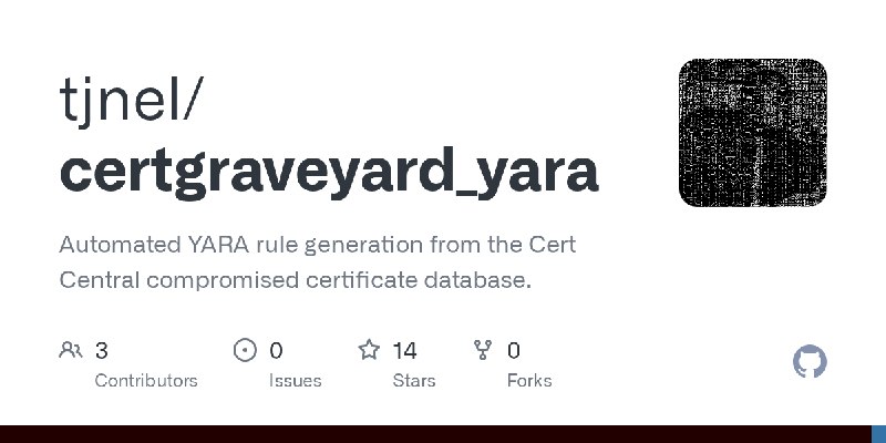 GitHub - tjnel/certgraveyard_yara: Automated YARA rule generation from the Cert Central compromised certificate database.