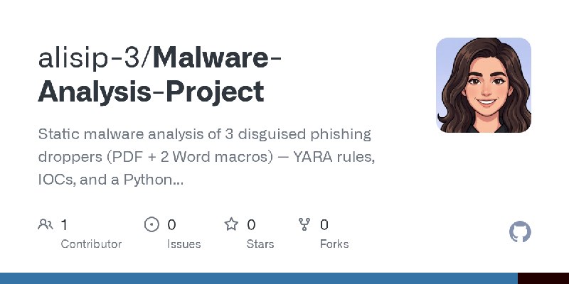 GitHub - alisip-3/Malware-Analysis-Project: Static malware analysis of 3 disguised phishing droppers (PDF + 2 Word macros) — YARA…