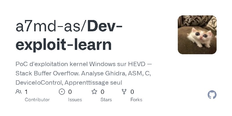 GitHub - a7md-as/Dev-exploit-learn: PoC d'exploitation kernel Windows sur HEVD — Stack Buffer Overflow. Analyse Ghidra, ASM, C…