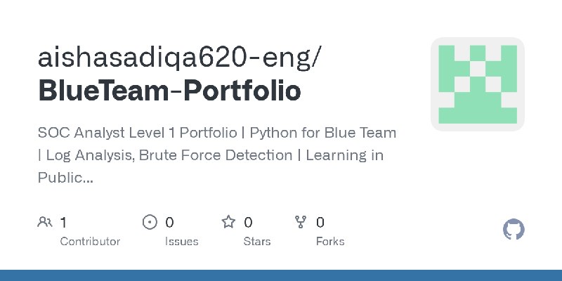 GitHub - aishasadiqa620-eng/BlueTeam-Portfolio: SOC Analyst Level 1 Portfolio | Python for Blue Team | Log Analysis, Brute Force…