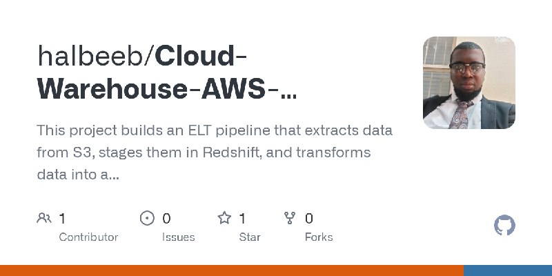 GitHub - halbeeb/Cloud-Warehouse-AWS-Redshift: This project builds an ELT pipeline that extracts data from S3, stages them in Redshift…
