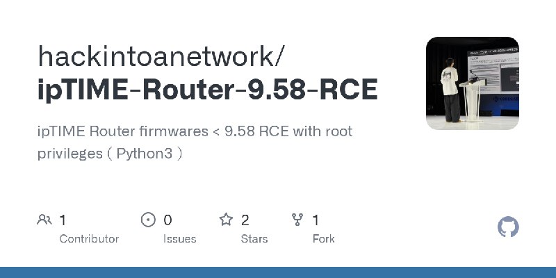 GitHub - hackintoanetwork/ipTIME-Router-9.58-RCE: ipTIME Router firmwares < 9.58 RCE with root privileges ( Python3 )