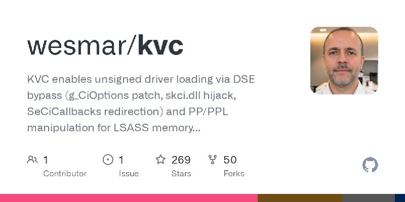 GitHub - wesmar/kvc: KVC enables unsigned driver loading via DSE bypass (g_CiOptions patch, skci.dll hijack, SeCiCallbacks redirection)…