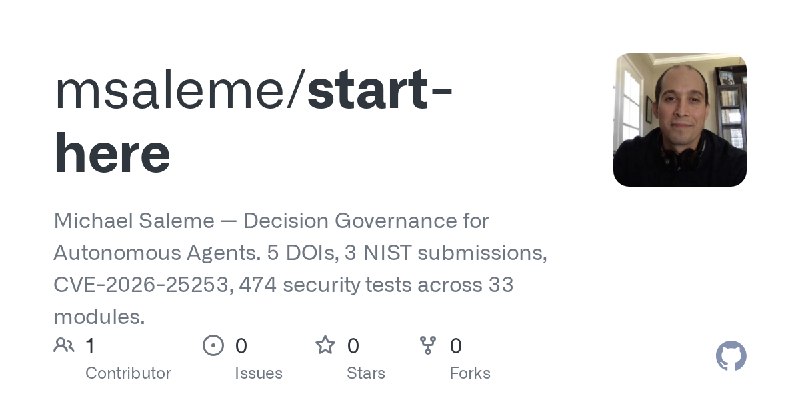 GitHub - msaleme/start-here: Michael Saleme — Decision Governance for Autonomous Agents. 5 DOIs, 3 NIST submissions, CVE-2026-25253…