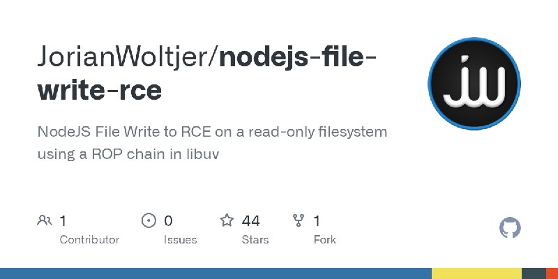 GitHub - JorianWoltjer/nodejs-file-write-rce: NodeJS File Write to RCE on a read-only filesystem using a ROP chain in libuv
