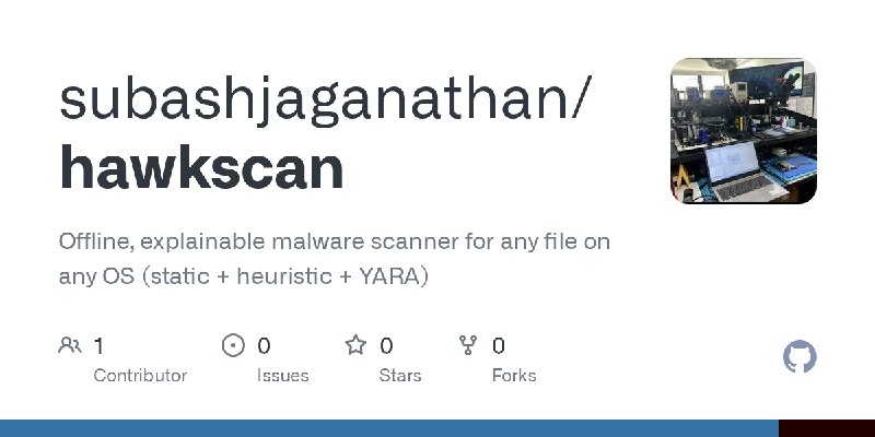 GitHub - subashjaganathan/hawkscan: Offline, explainable malware scanner for any file on any OS (static + heuristic + YARA)