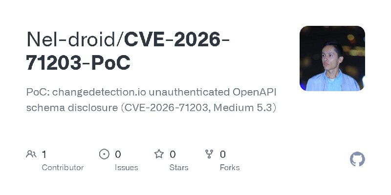 GitHub - Nel-droid/CVE-2026-71203-PoC: PoC: changedetection.io unauthenticated OpenAPI schema disclosure (CVE-2026-71203, Medium…