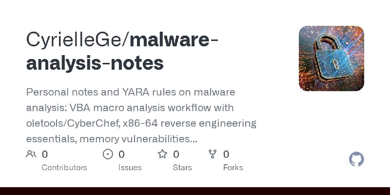GitHub - CyrielleGe/malware-analysis-notes: Personal notes and YARA rules on malware analysis: VBA macro analysis workflow with…