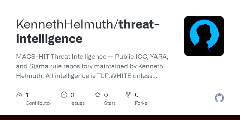GitHub - KennethHelmuth/threat-intelligence: MACS-HIT Threat Intelligence — Public IOC, YARA, and Sigma rule repository maintained…