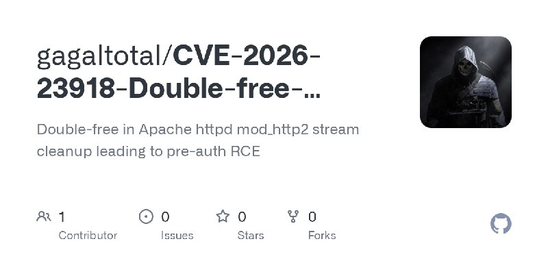 GitHub - gagaltotal/CVE-2026-23918-Double-free-Apache-httpd-mod_http2: Double-free in Apache httpd mod_http2 stream cleanup leading…