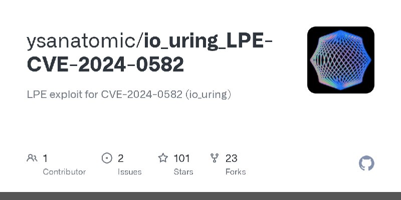 GitHub - ysanatomic/io_uring_LPE-CVE-2024-0582: LPE exploit for CVE-2024-0582 (io_uring)